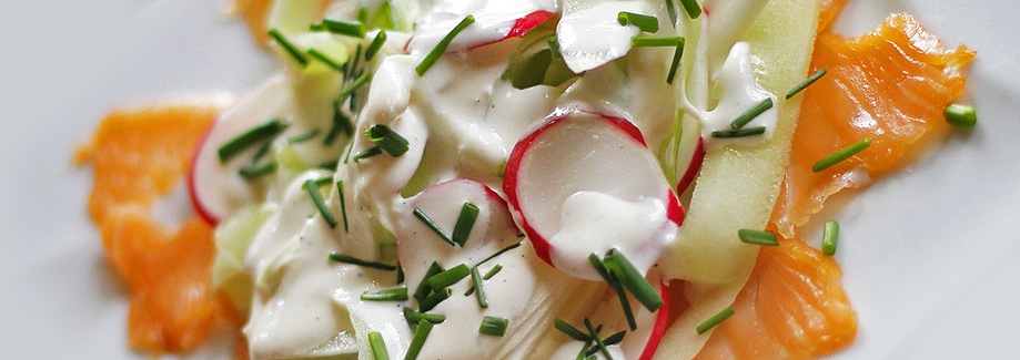 Cucumber salad with Pödör Poppy Seed Oil, asparagus, sour cream and salmon - Pödör